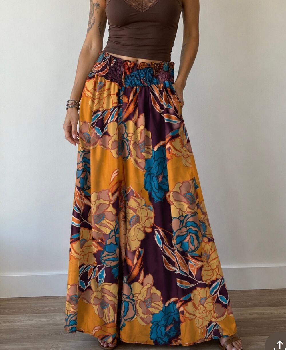 New Bucket List Floral Wide Leg Maxi satin Boho Retro Festival Palazzo Pants S